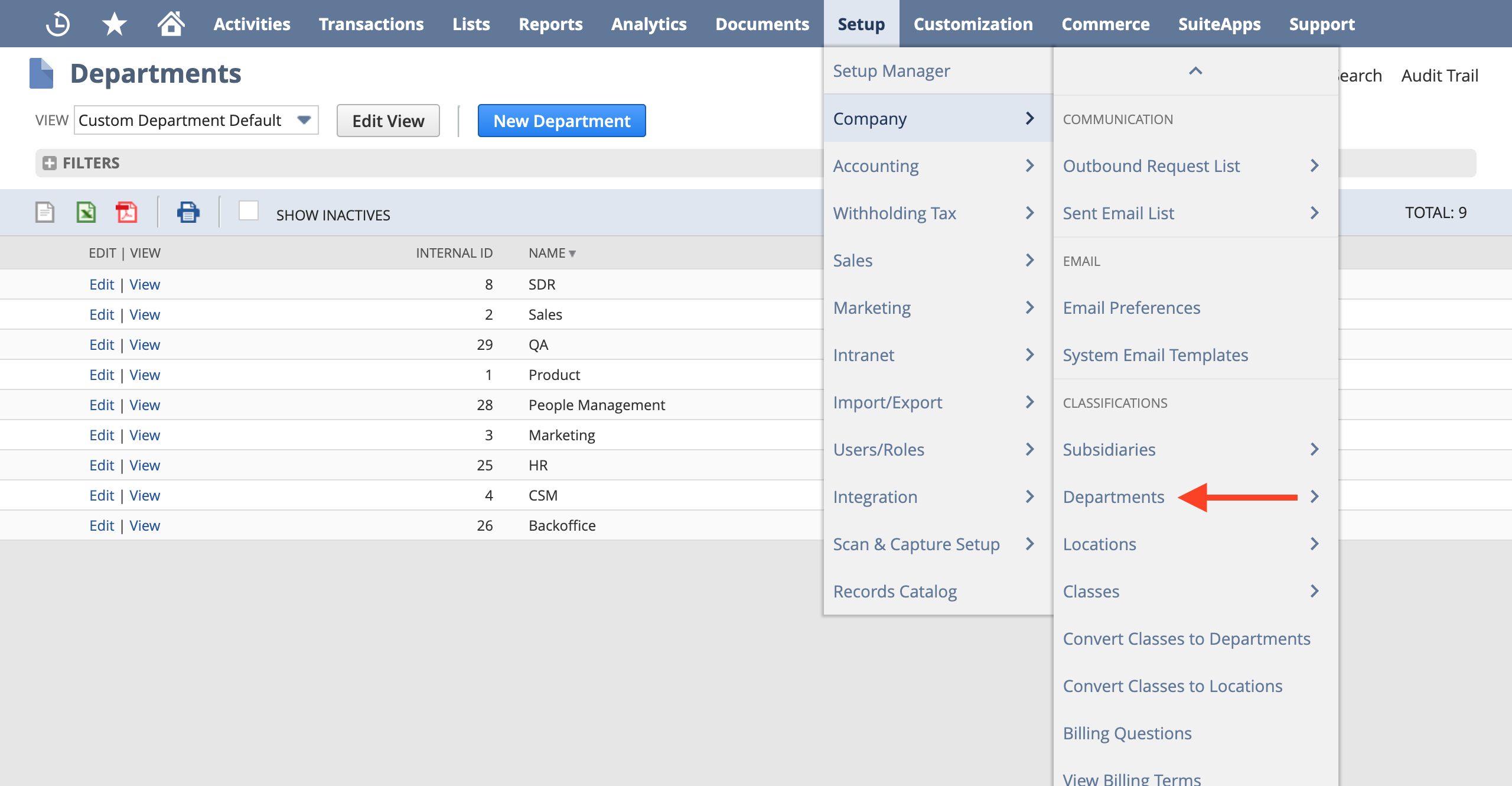 NetSuite Departments Integration